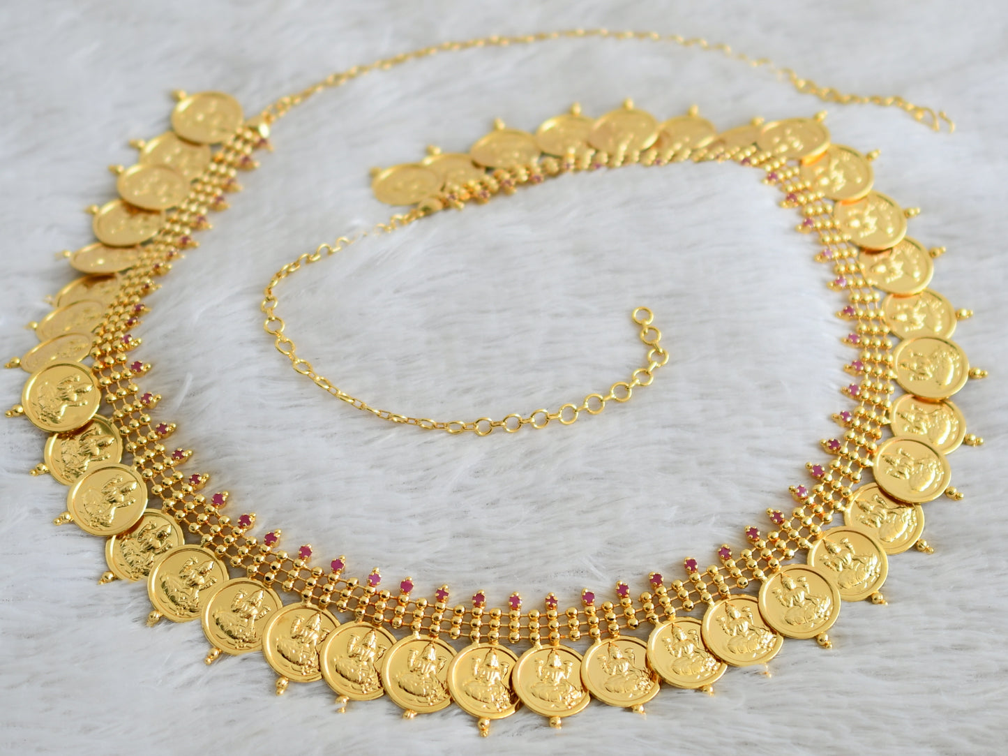 Gold tone ruby stone big lakshmi coin waist/hip chain dj-48992