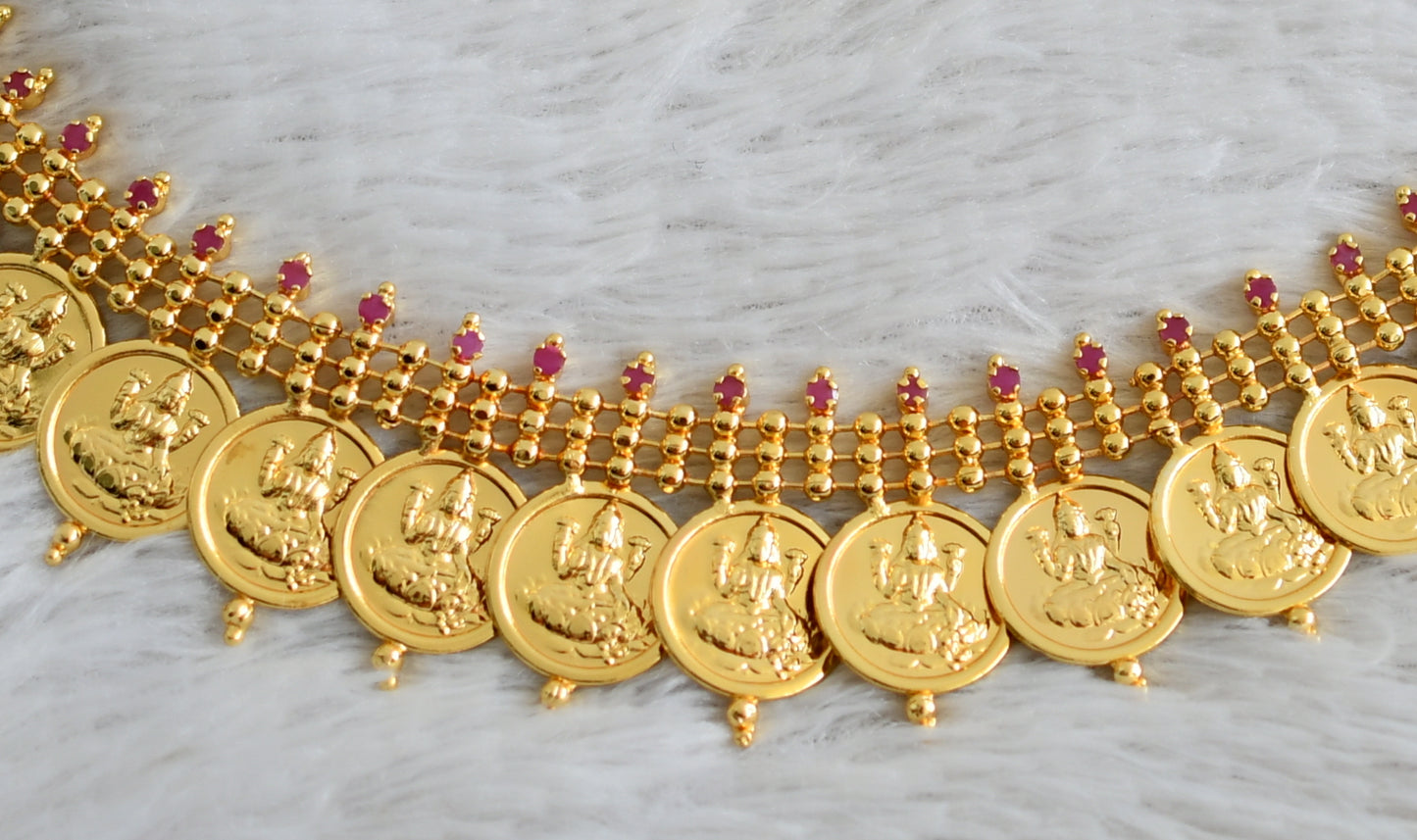 Gold tone ruby stone big lakshmi coin waist/hip chain dj-48992