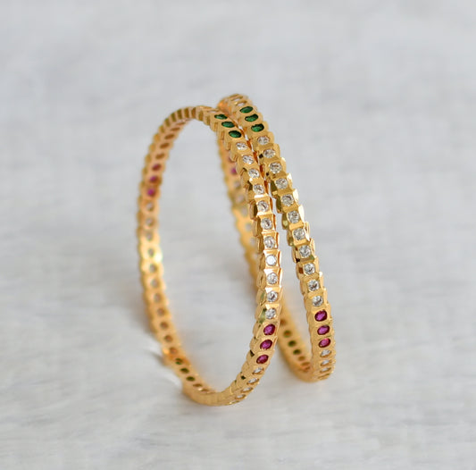 Gold tone AD pink-green-white stone south indian style bangles(2.6) dj-50988