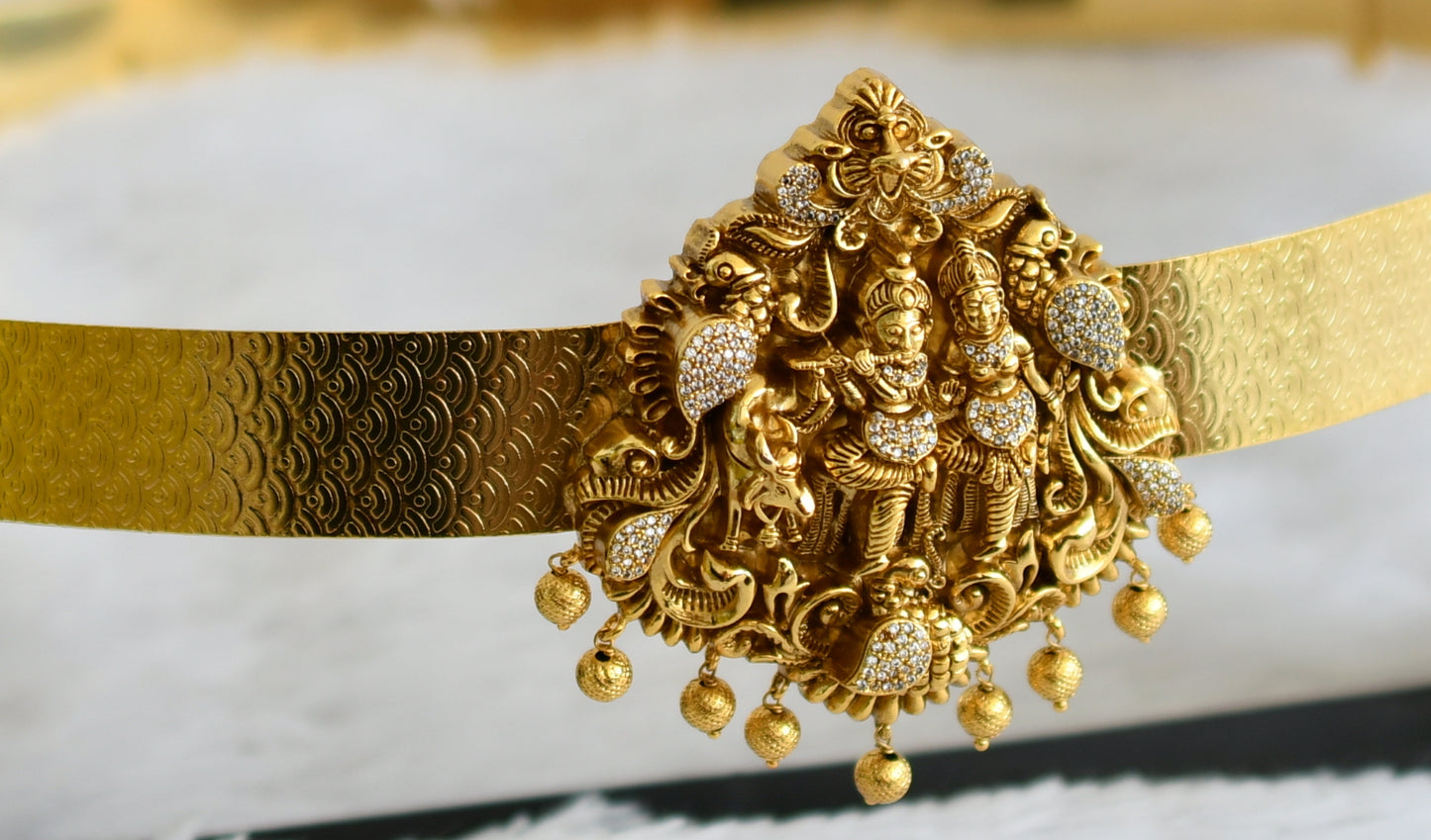 Antique gold tone cz white radhe-krishna waist belt dj-48993