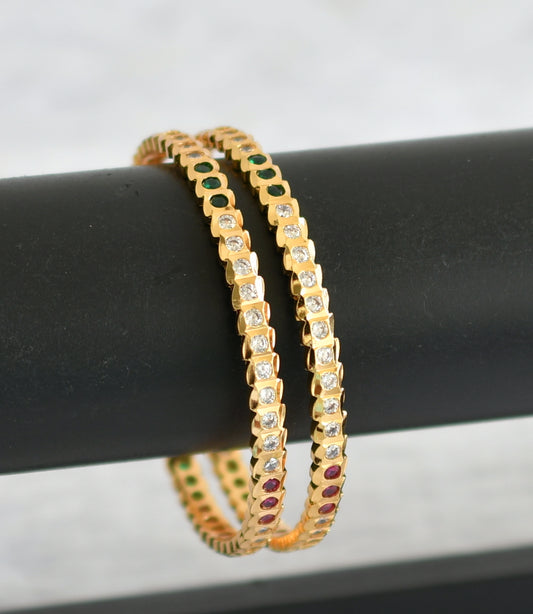 Gold tone AD pink-green-white stone south indian style bangles(2.8) dj-50989