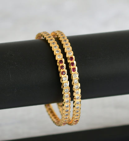 Gold tone Ad pink-white stone south indian style bangles(2.4) dj-50983