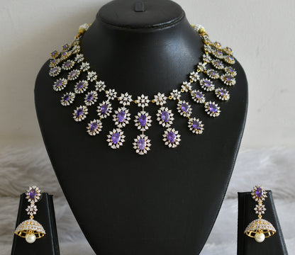 Two tone cz purple stone flower necklace set dj-48996