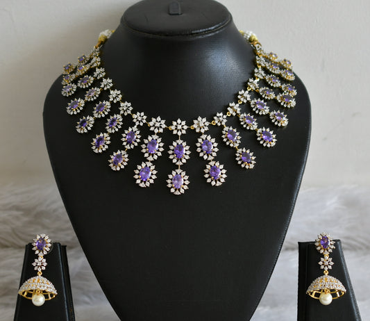 Two tone cz purple stone flower necklace set dj-48996