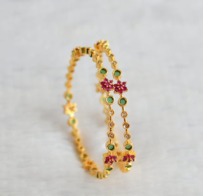 Gold tone ruby-green-white flower bangles(2.6) dj-50957