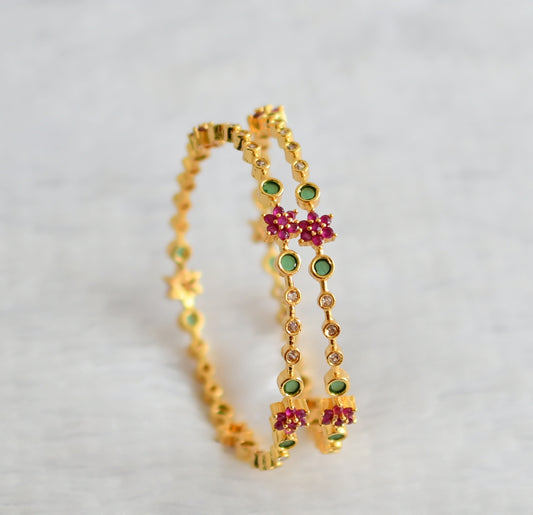 Gold tone ruby-green-white flower bangles(2.8) dj-50958