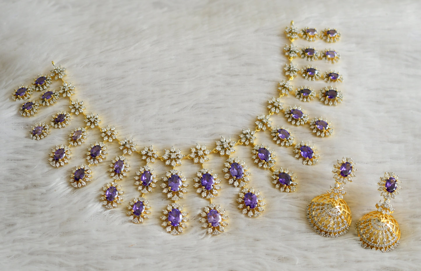 Two tone cz purple stone flower necklace set dj-48996