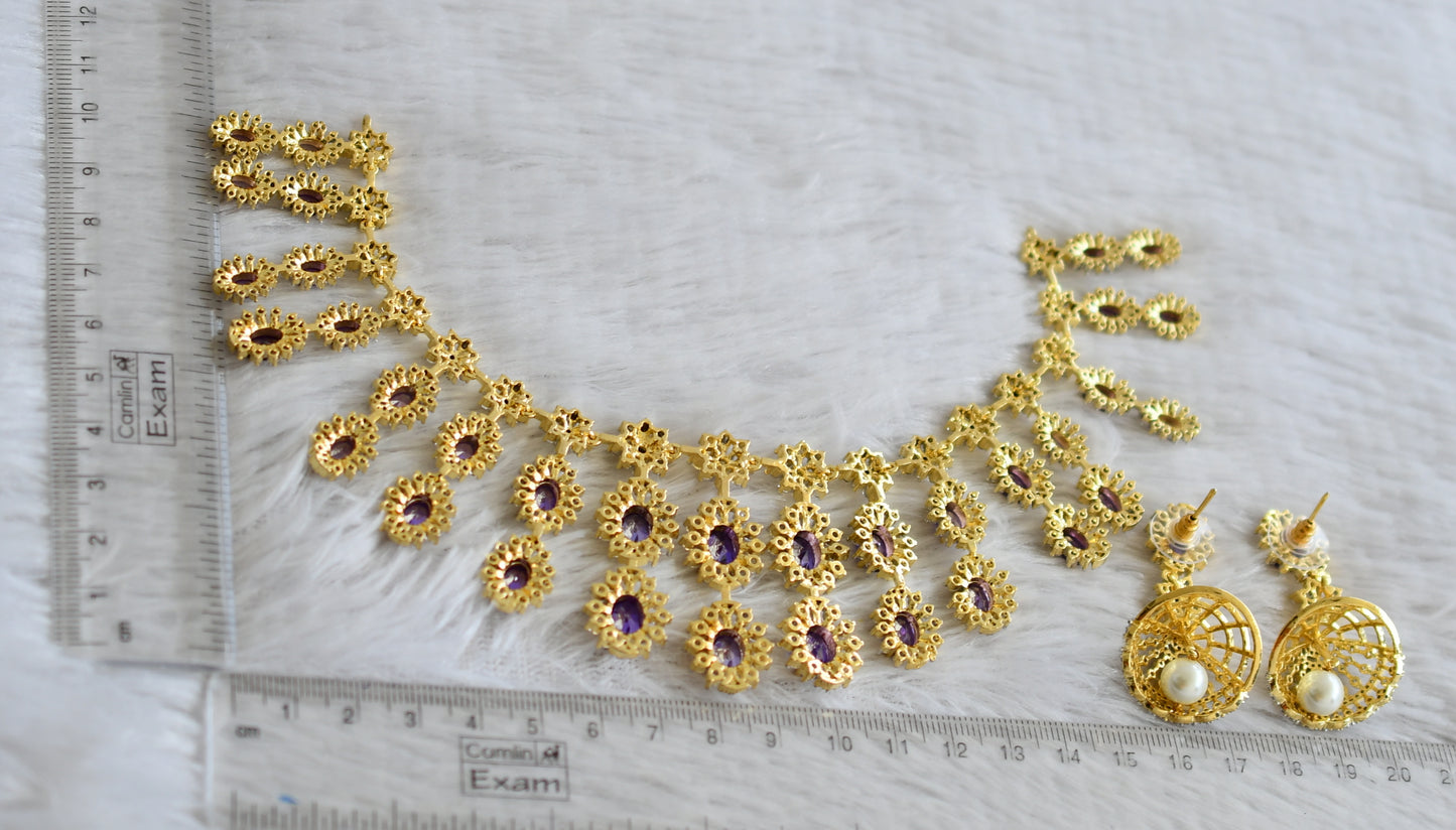 Two tone cz purple stone flower necklace set dj-48996