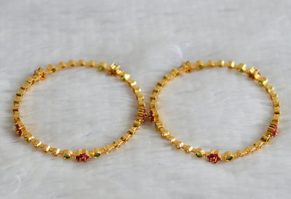 Gold tone ruby-green-white flower bangles(2.8) dj-50958