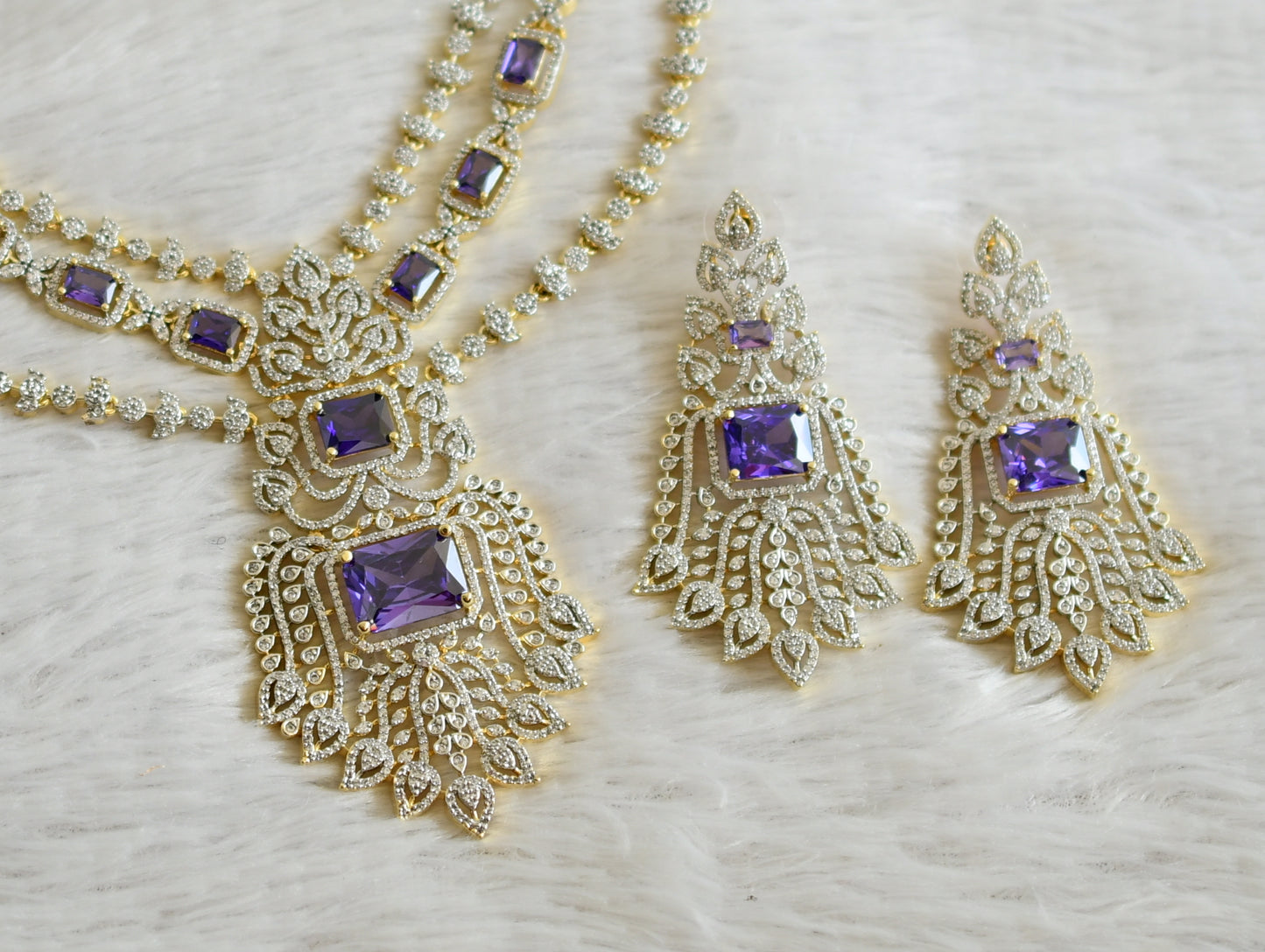 Two tone cz white-purple block stone necklace set dj-48998