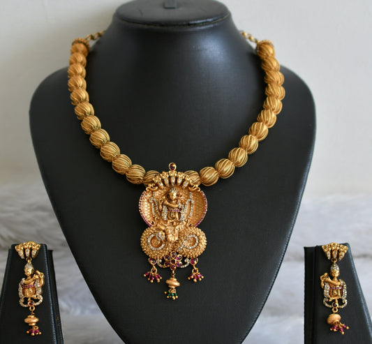 Matte finish cz kemp-ruby stone kalinga narthana krishna necklace set dj-48987