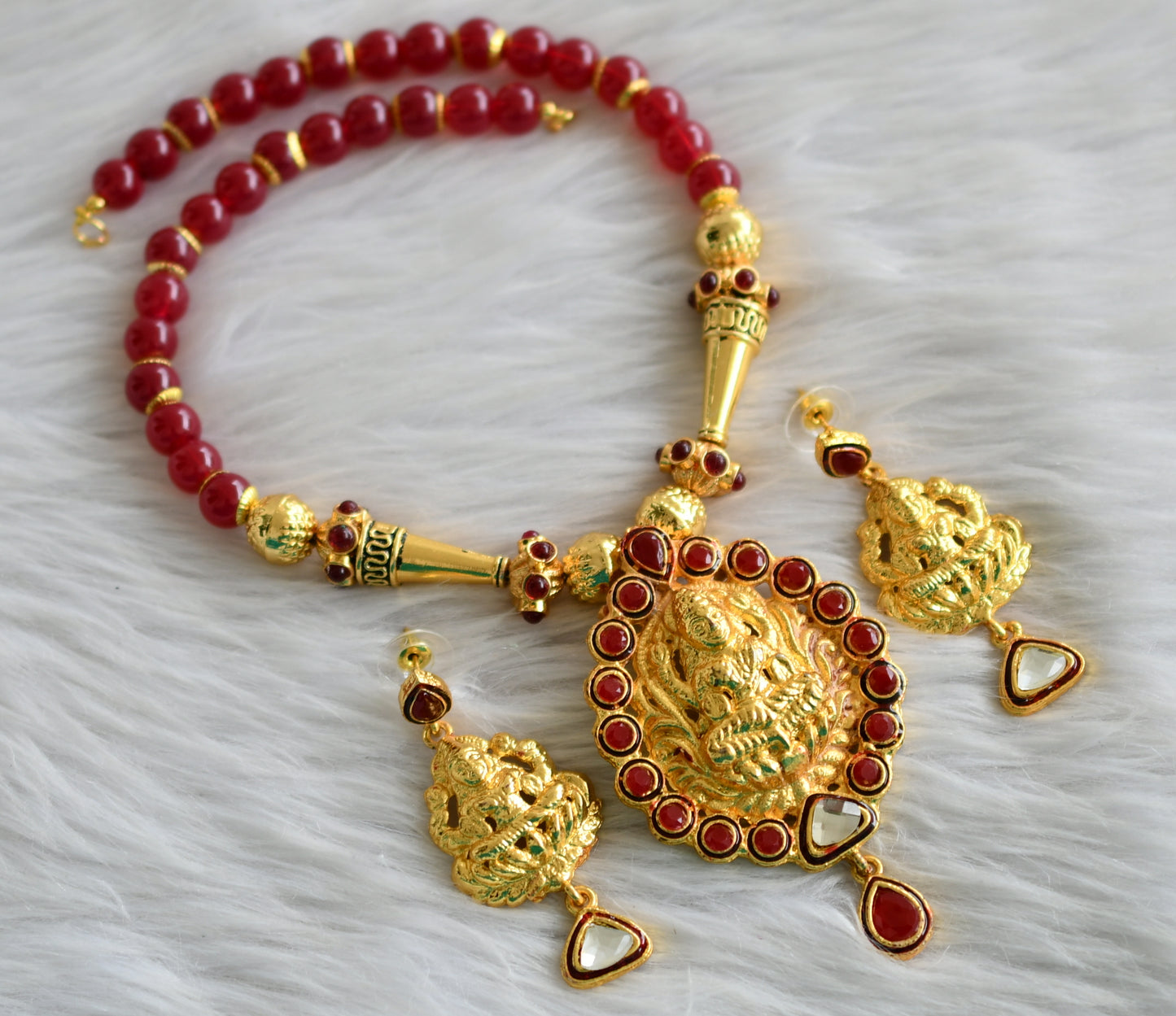 Gold tone maroon lakshmi necklace set dj-03692