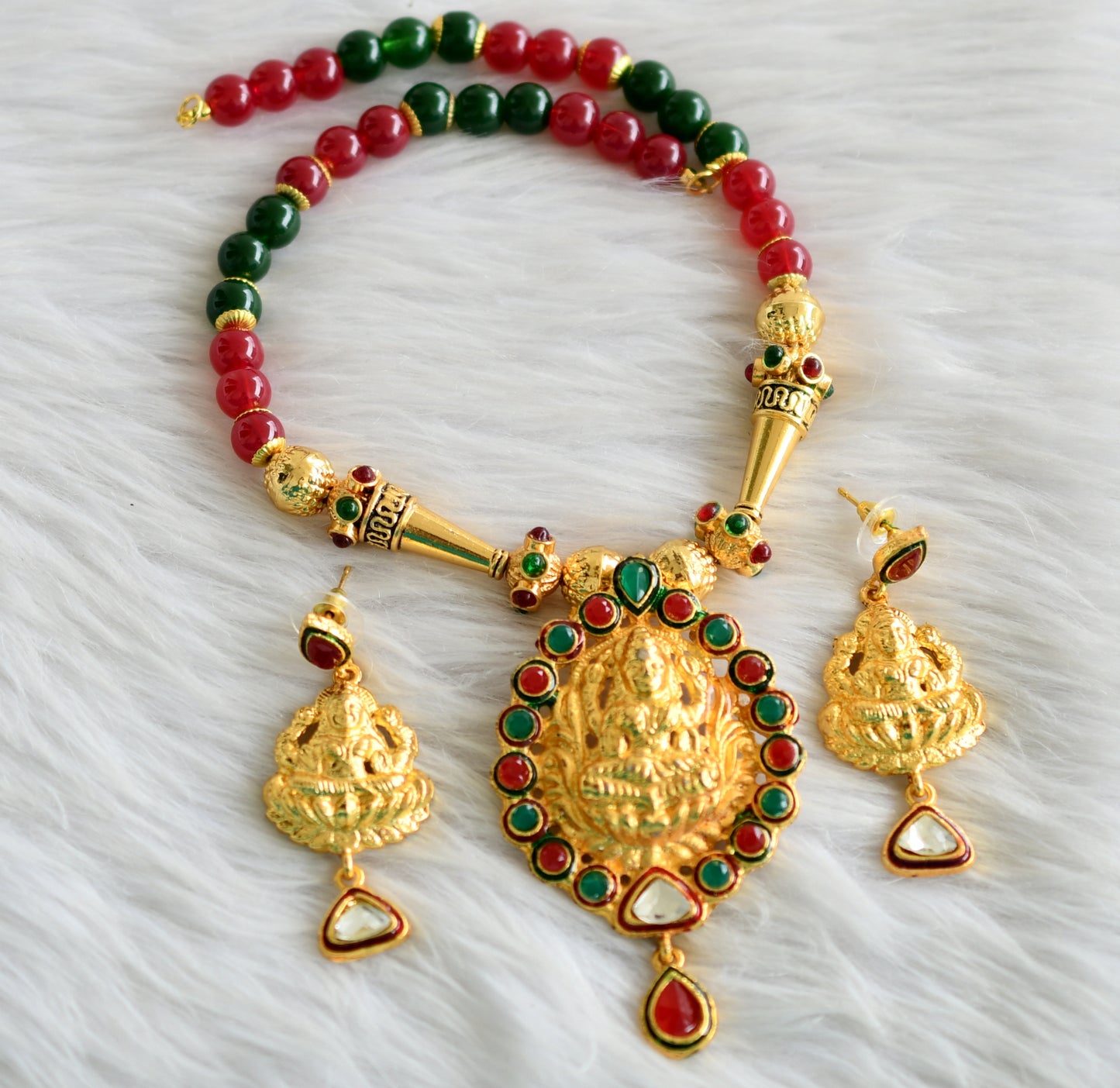 Gold tone maroon-green lakshmi set dj-03693