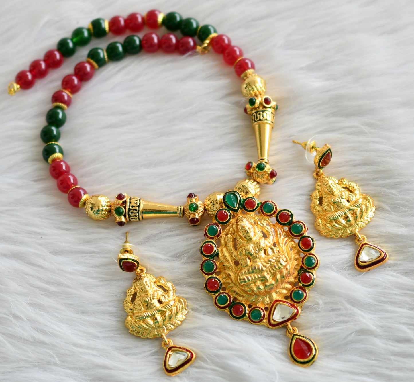 Gold tone maroon-green lakshmi set dj-03693