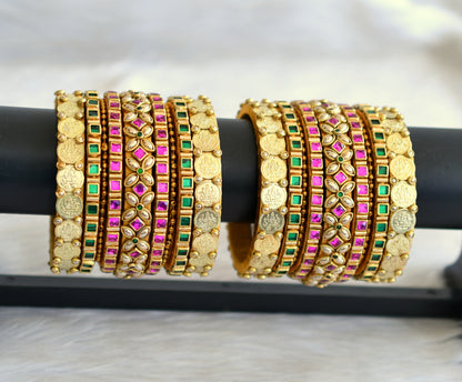 Gold tone silk thread pink-green kundan Lakshmi coin bangles(2.8) dj-42496