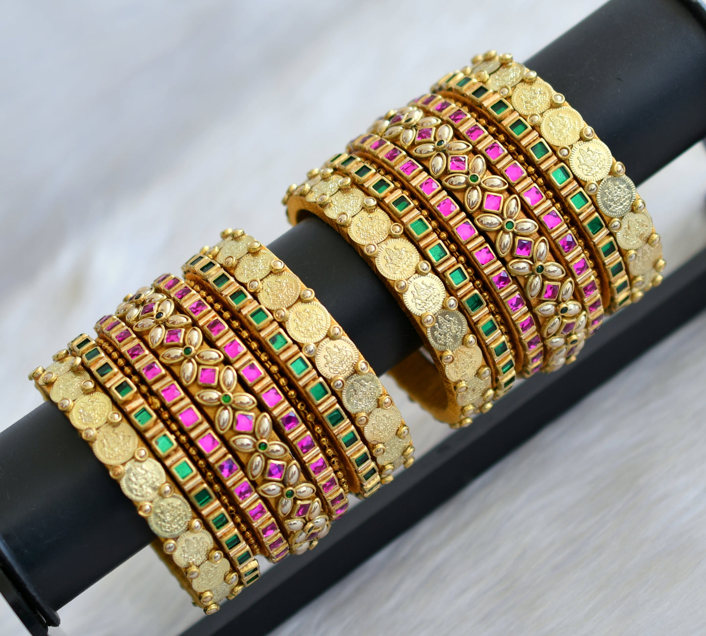 Gold tone silk thread pink-green kundan Lakshmi coin bangles(2.8) dj-42496