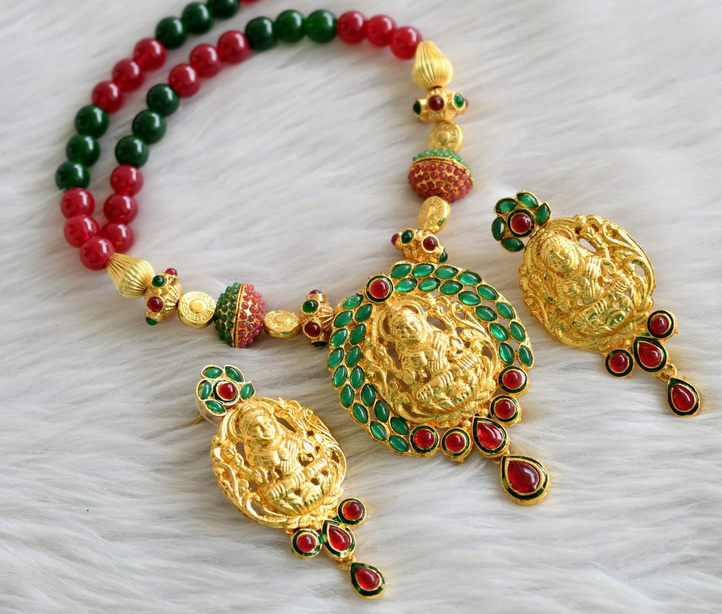 Gold tone maroon-green lakshmi set dj-03695