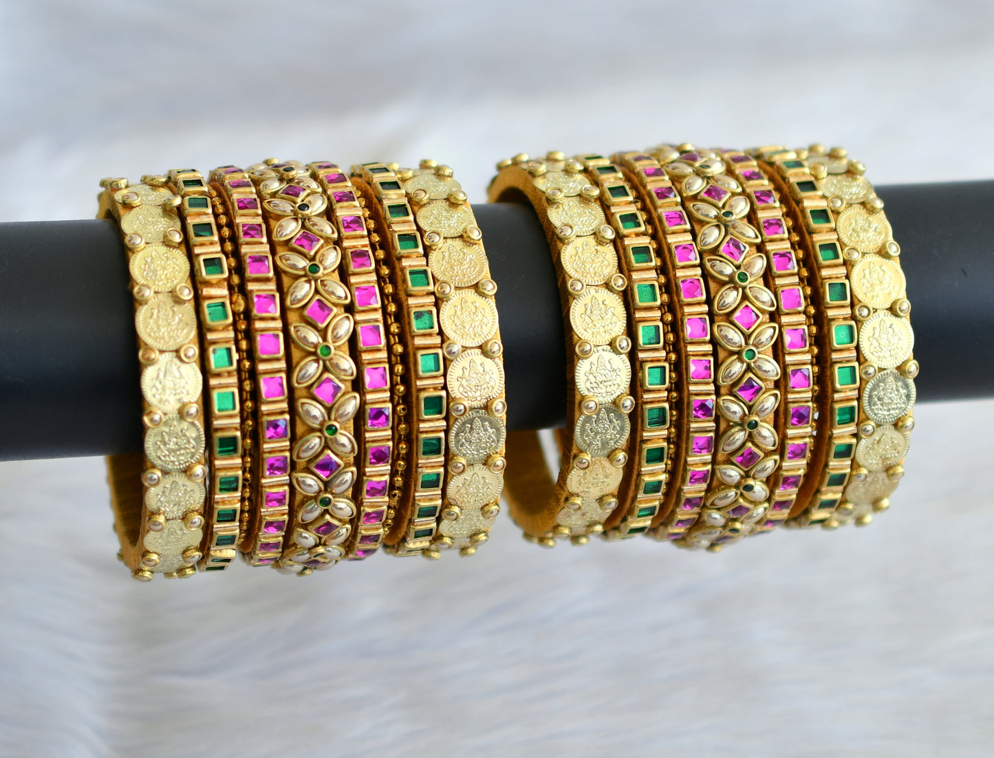 Gold tone silk thread pink-green kundan Lakshmi coin bangles(2.6) dj-42495
