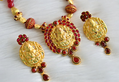 Gold tone maroon lakshmi necklace set dj-03696