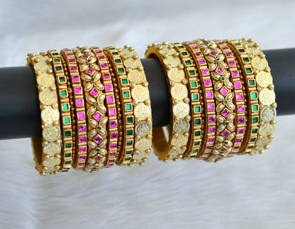 Gold tone silk thread pink-green kundan Lakshmi coin bangles(2.6) dj-42495