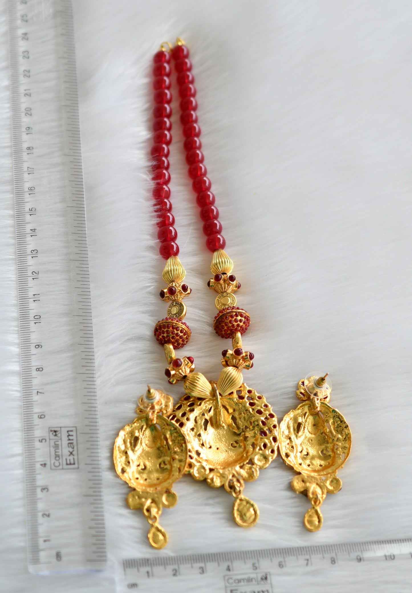 Gold tone maroon lakshmi necklace set dj-03696