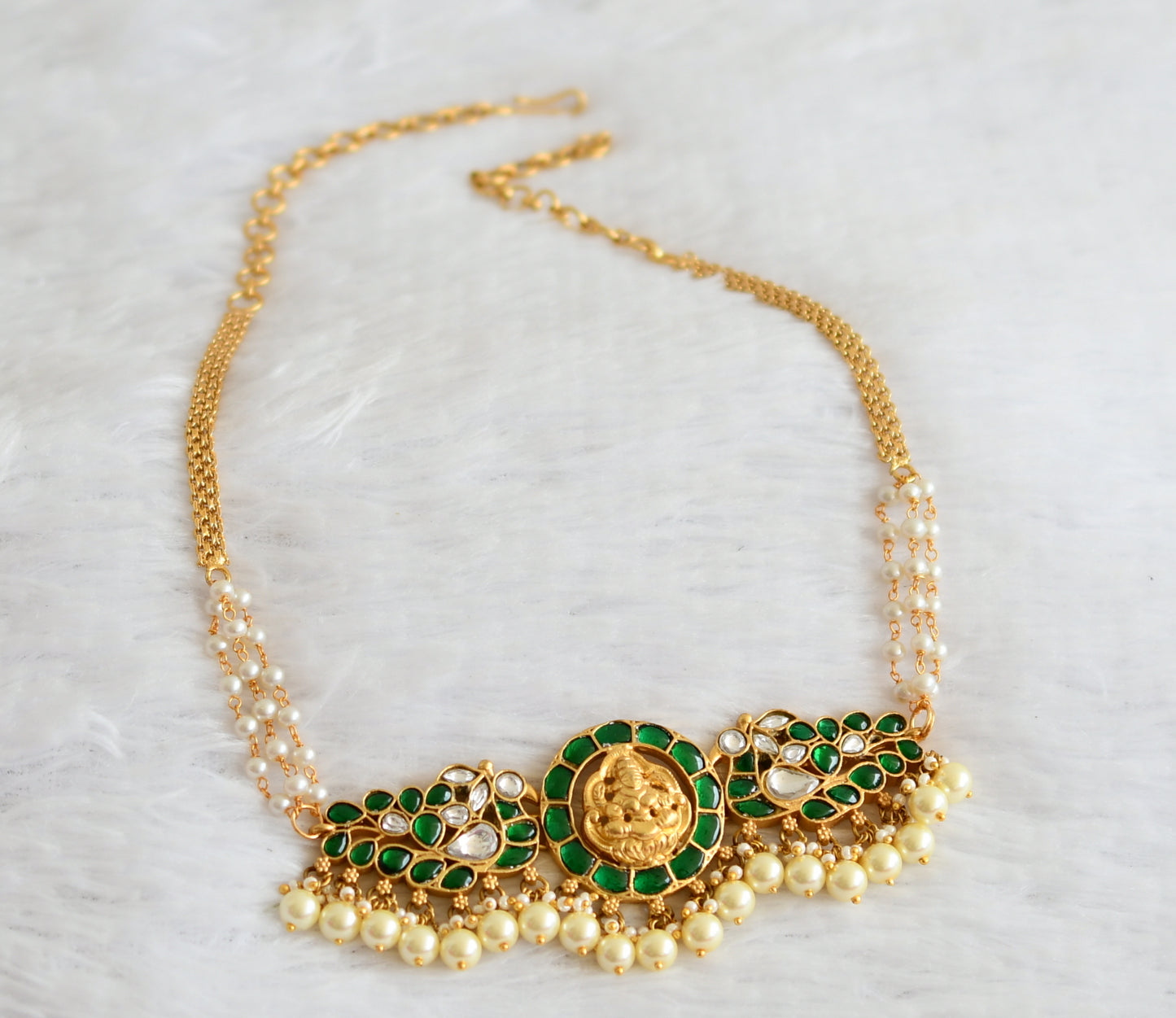 Matte finish green-white kundan jadau lakshmi peacock pearl choker necklace dj-51011