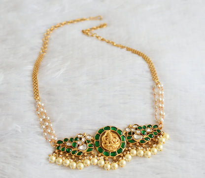 Matte finish green-white kundan jadau lakshmi peacock pearl choker necklace dj-51011