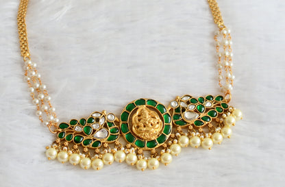 Matte finish green-white kundan jadau lakshmi peacock pearl choker necklace dj-51011
