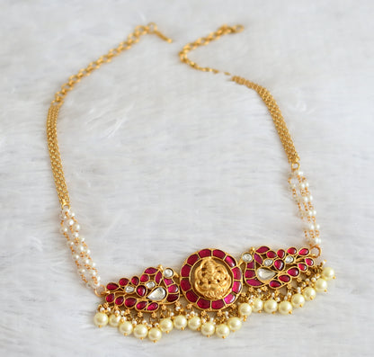 Matte finish pink-white kundan jadau lakshmi peacock pearl choker necklace dj-51012