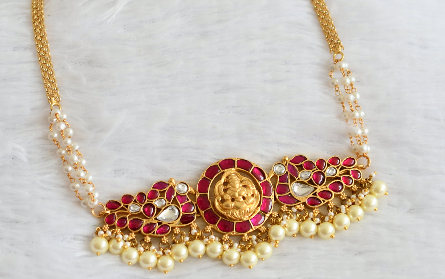 Matte finish pink-white kundan jadau lakshmi peacock pearl choker necklace dj-51012