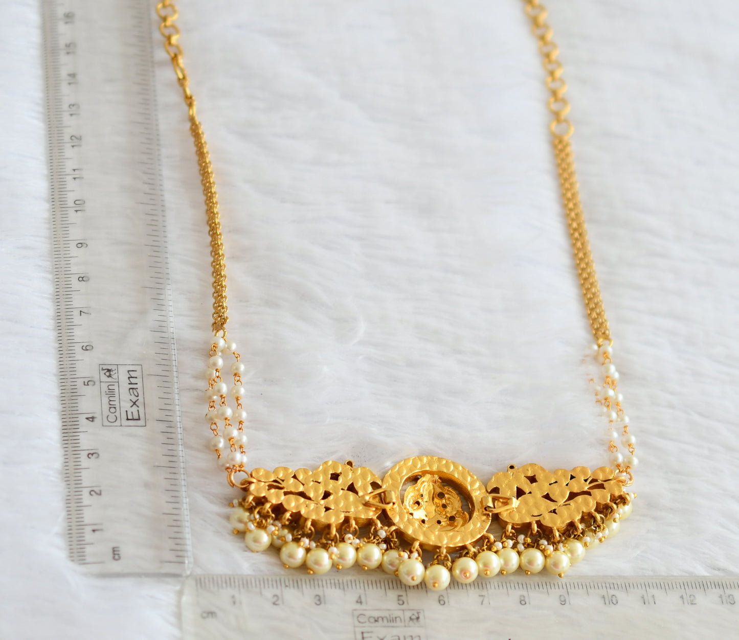 Matte finish pink-white kundan jadau lakshmi peacock pearl choker necklace dj-51012