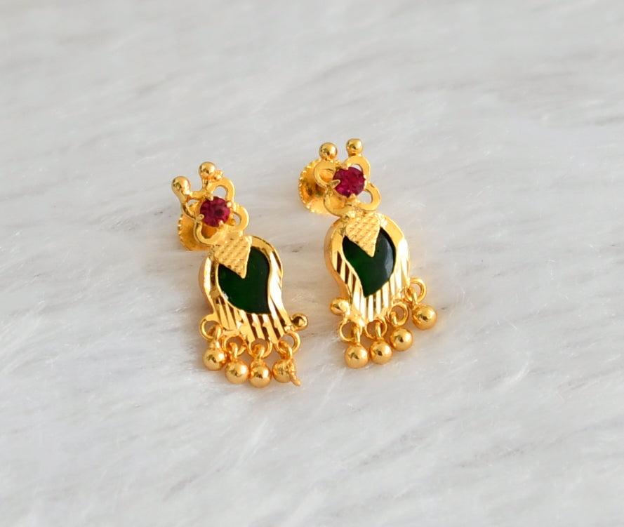 Gold tone pink-green kerala style mango earrings dj-47197