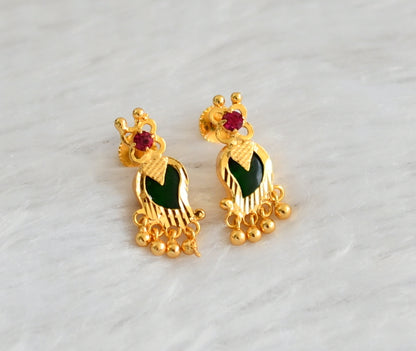 Gold tone pink-green kerala style mango earrings dj-47197