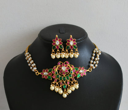 Matte finish pink-green-white kundan jadau pearl flower choker set dj-51010