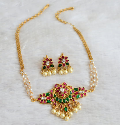 Matte finish pink-green-white kundan jadau pearl flower choker set dj-51010