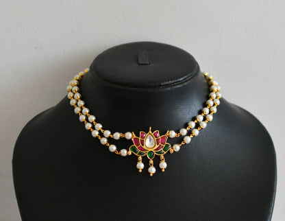 Gold tone pink-green-white kundan jadau lotus pearl choker necklace dj-51013
