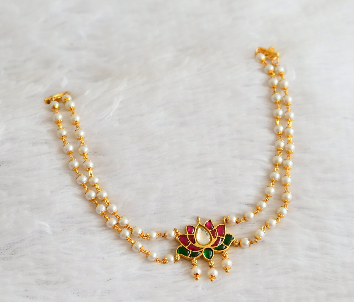 Gold tone pink-green-white kundan jadau lotus pearl choker necklace dj-51013