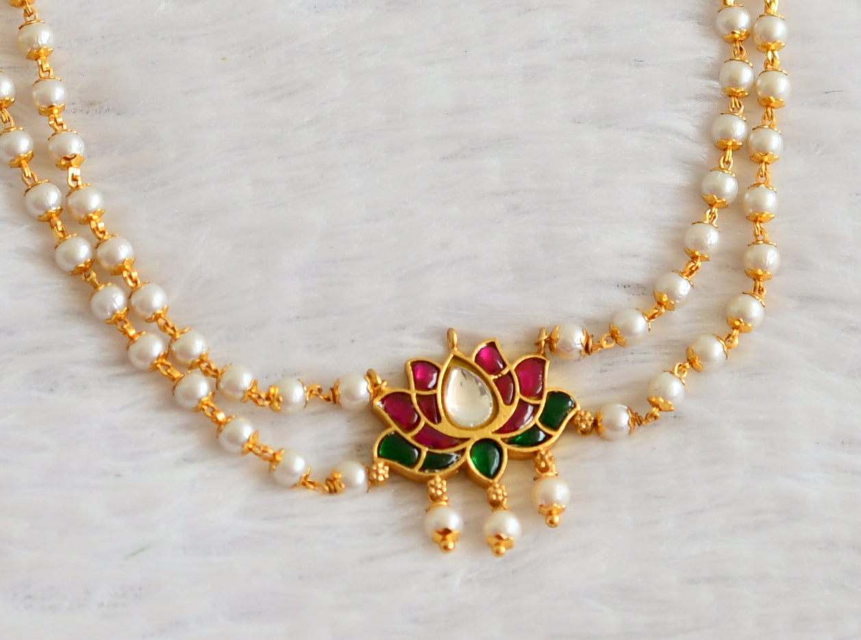 Gold tone pink-green-white kundan jadau lotus pearl choker necklace dj-51013