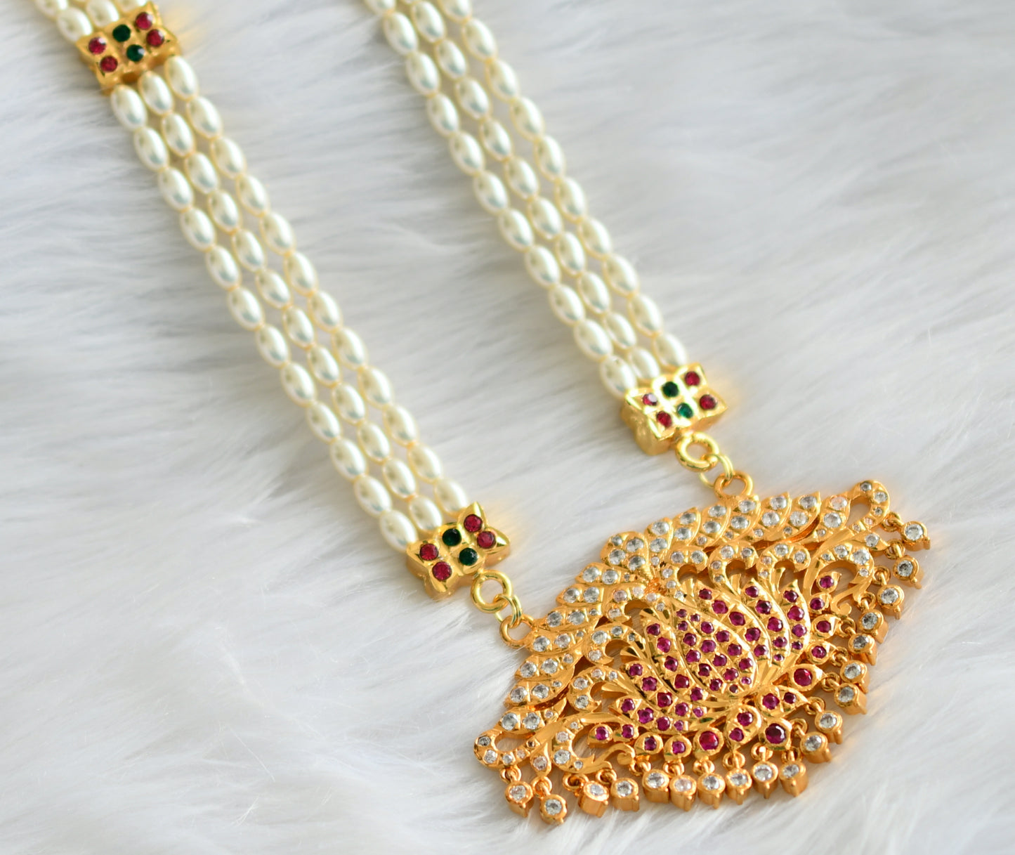 Gold tone ad stone pink-green-white lotus rice pearl haar dj-43849