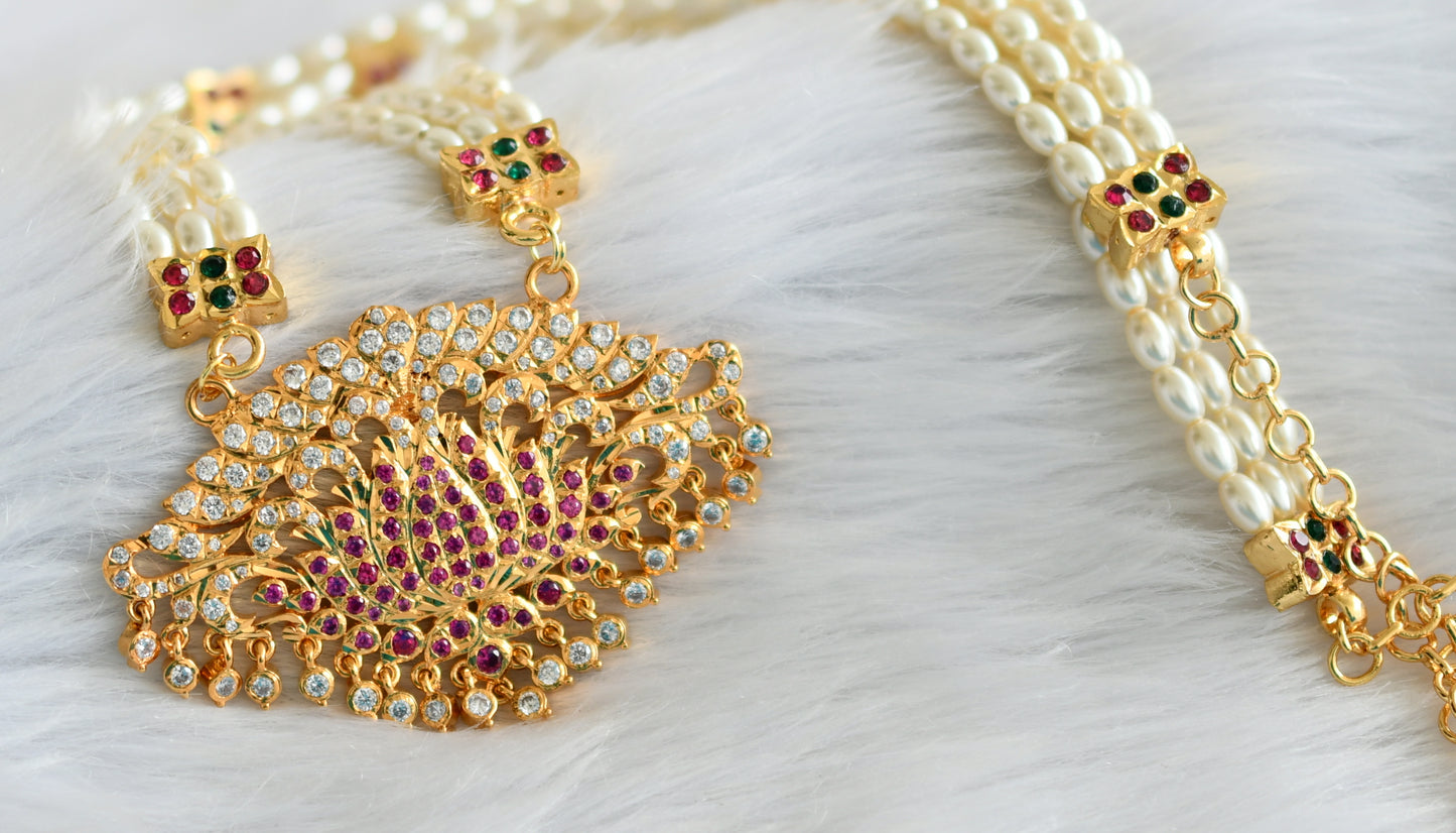 Gold tone ad stone pink-green-white lotus rice pearl haar dj-43849