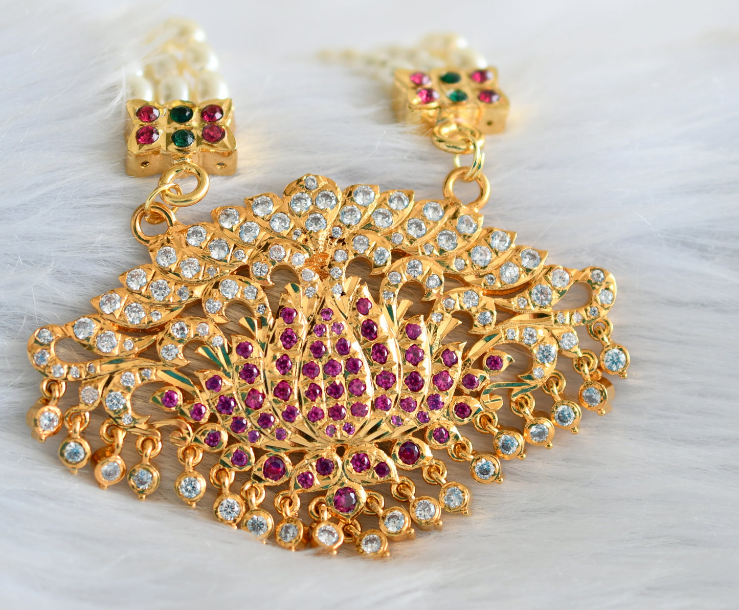 Gold tone ad stone pink-green-white lotus rice pearl haar dj-43849