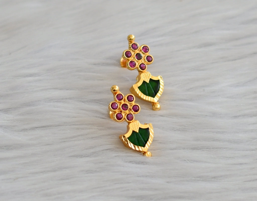 Gold tone pink-green palakka earrings dj-45503