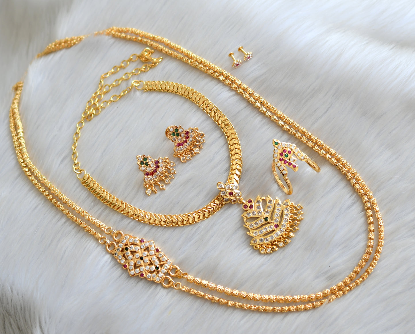 Gold tone ad ruby-green-white stone south Indian style combo set dj-42515