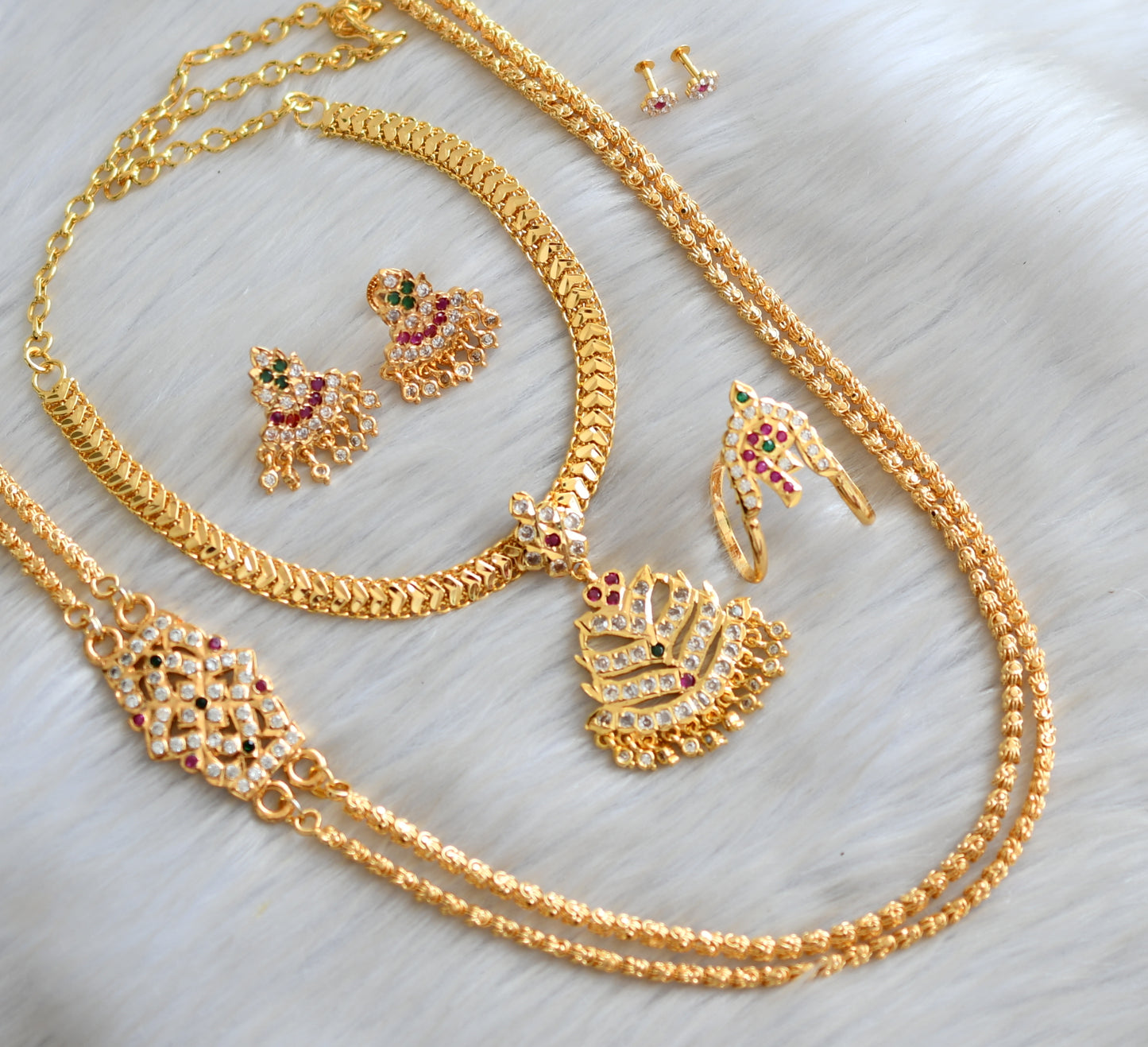 Gold tone ad ruby-green-white stone south Indian style combo set dj-42515