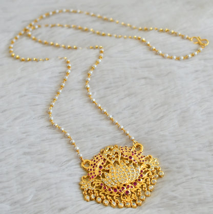 Gold tone ad white-ruby pearl lotus pendant chain dj-46538