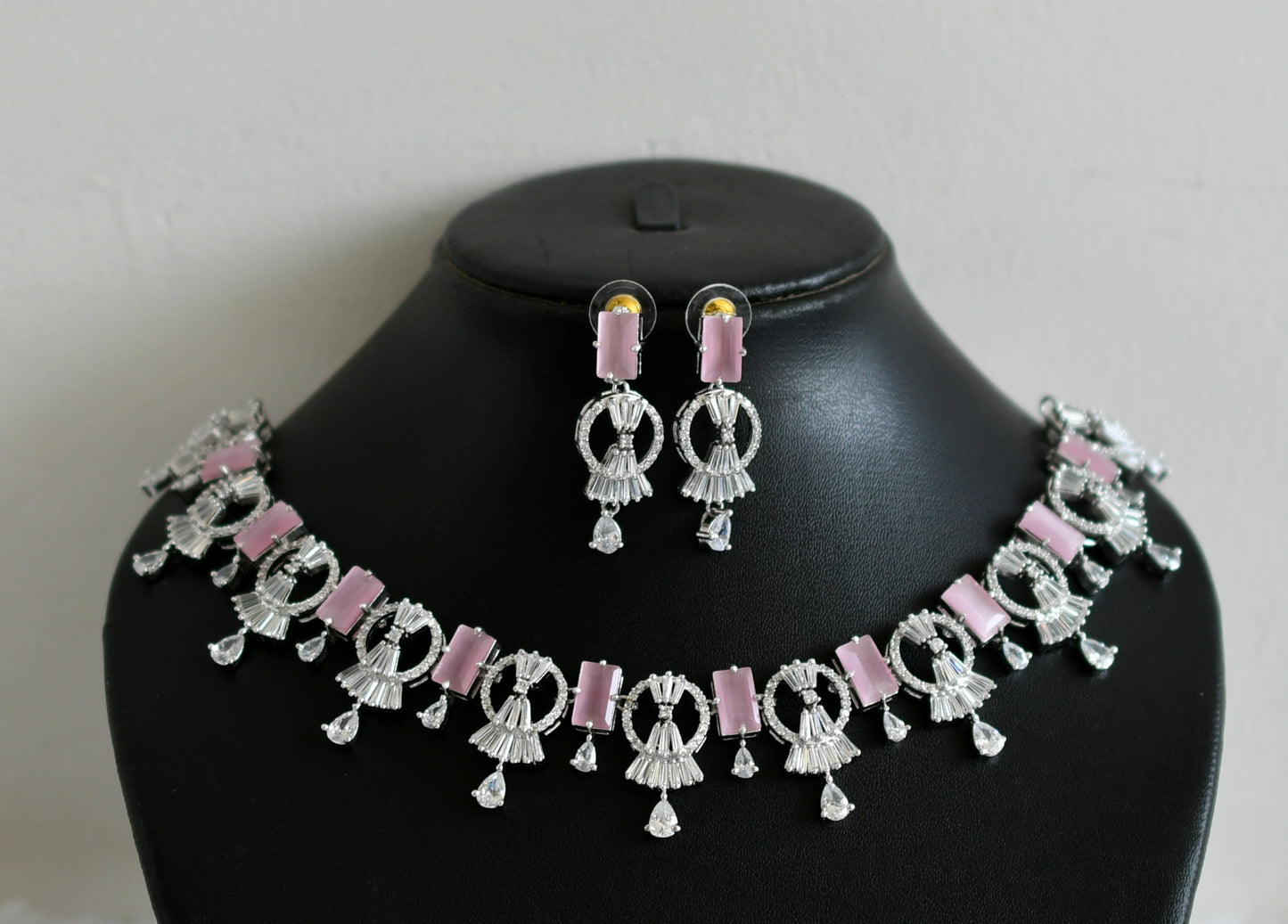 Silver Tone Cz Baby Pink Necklace Set DJ28447