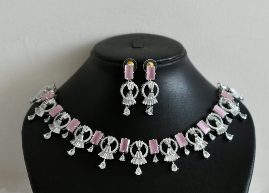 Silver Tone Cz Baby Pink Necklace Set DJ28447