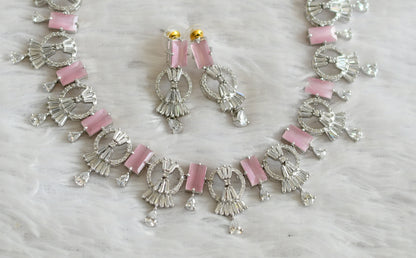 Silver Tone Cz Baby Pink Necklace Set DJ28447