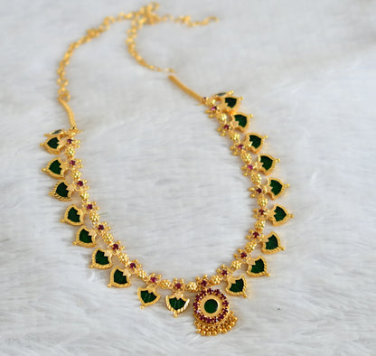 Gold tone pink-green palakka necklace DJ18937