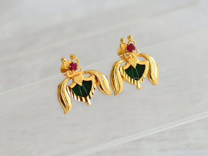 Gold tone kerala style pink-green palakka lotus earrings dj-47214